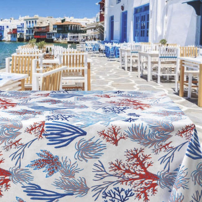 Amøbeeventyr - farverig voksdug i blå- og rødlige nuancer