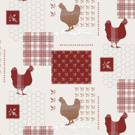 Närbild av Patchworkhönor - Vaxduk med röda kacklande hönor