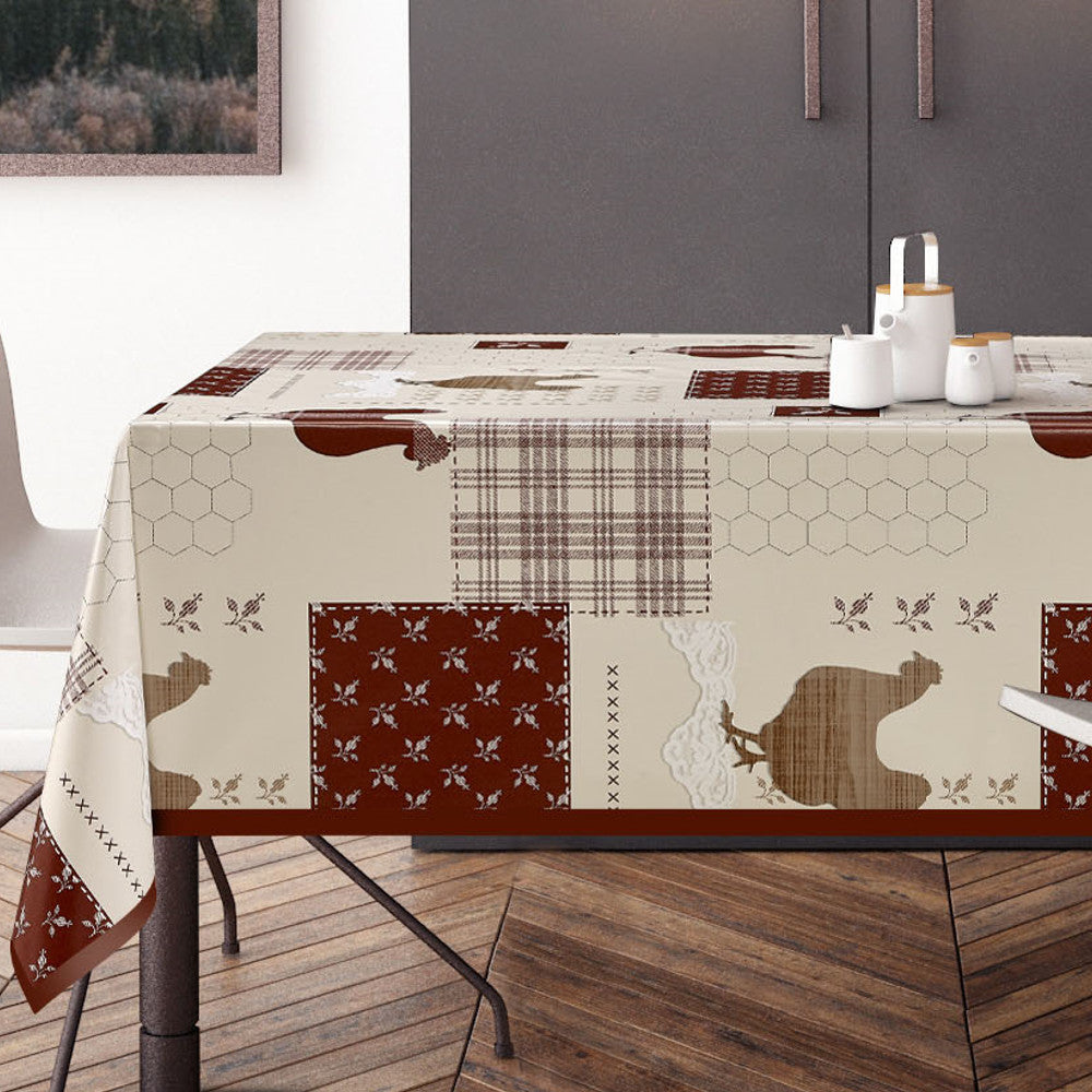 Bordet dukat med Patchworkhönor - Vaxduk med röda kacklande hönor