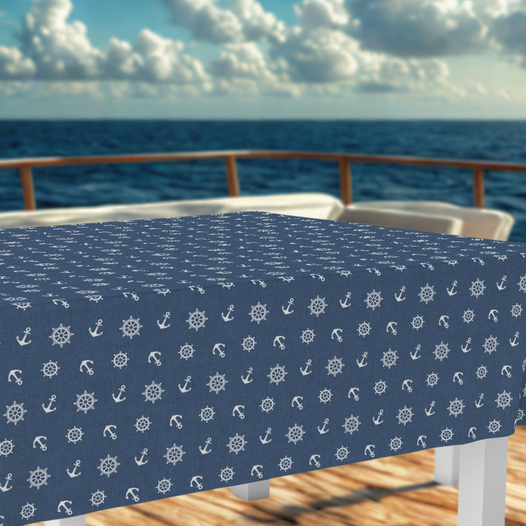 Ancora Maritim – textilvaxduk i mörkblått med ankare och roder
