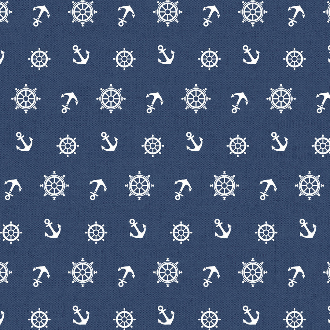 Ancora Maritim – textilvaxduk i mörkblått med ankare och roder, mönster