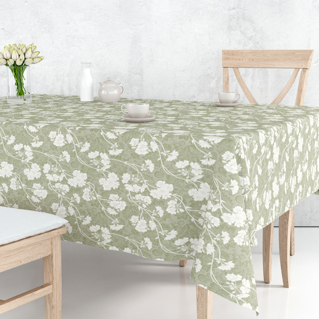 Botanic Green – Lätt präglad vaxduk med blommor