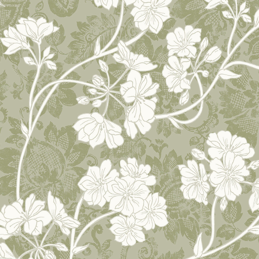 Botanic Green – Lätt präglad vaxduk med blommor, närbild