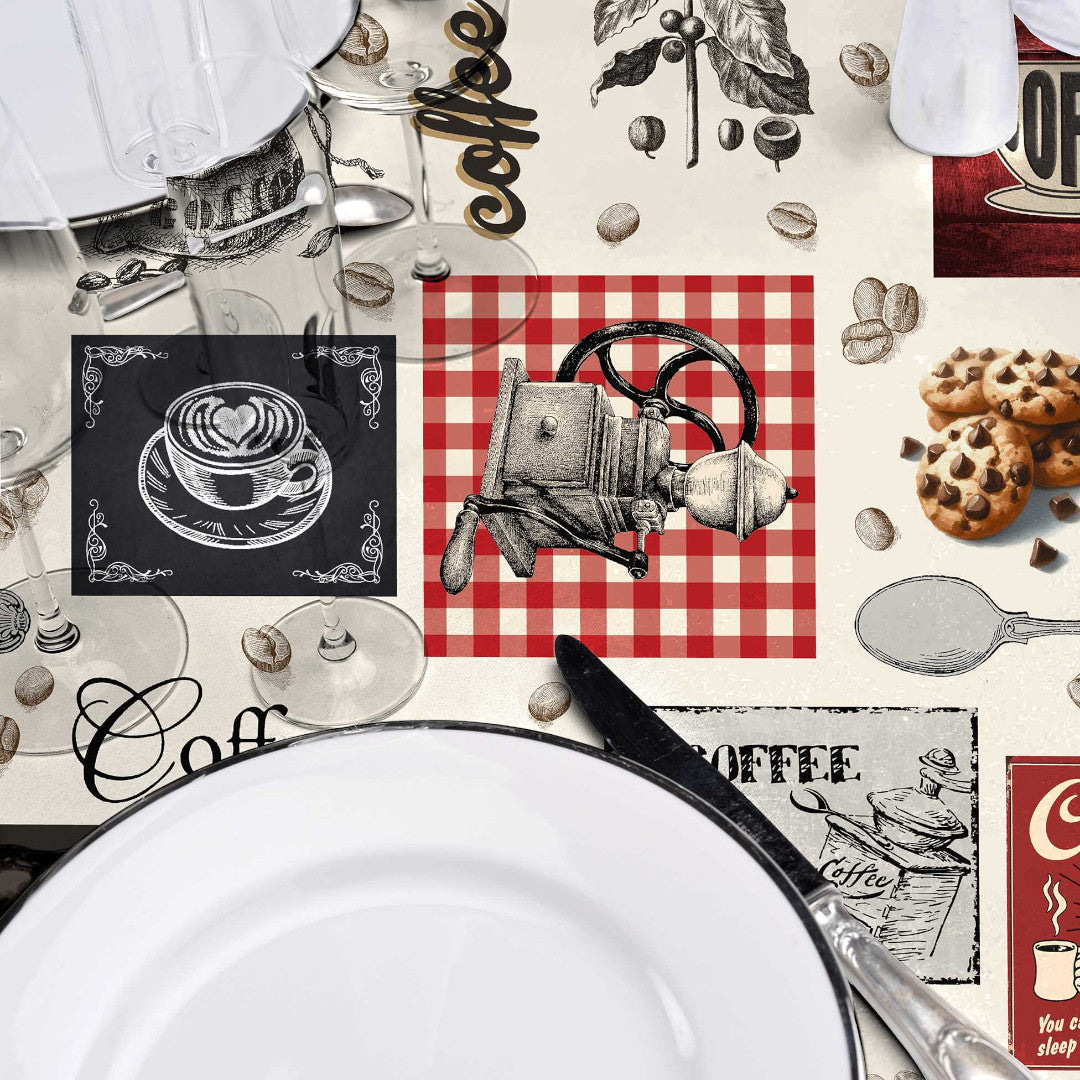 Café – Vaxduk med kaffetema, perfekt för kaféer och kaffemys, närbild