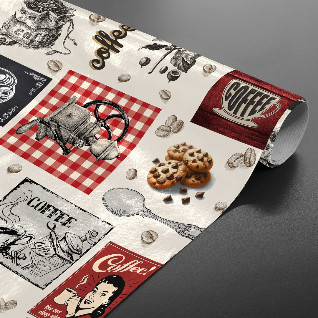 Café – Vaxduk med kaffetema, perfekt för kaféer och kaffemys, rulle