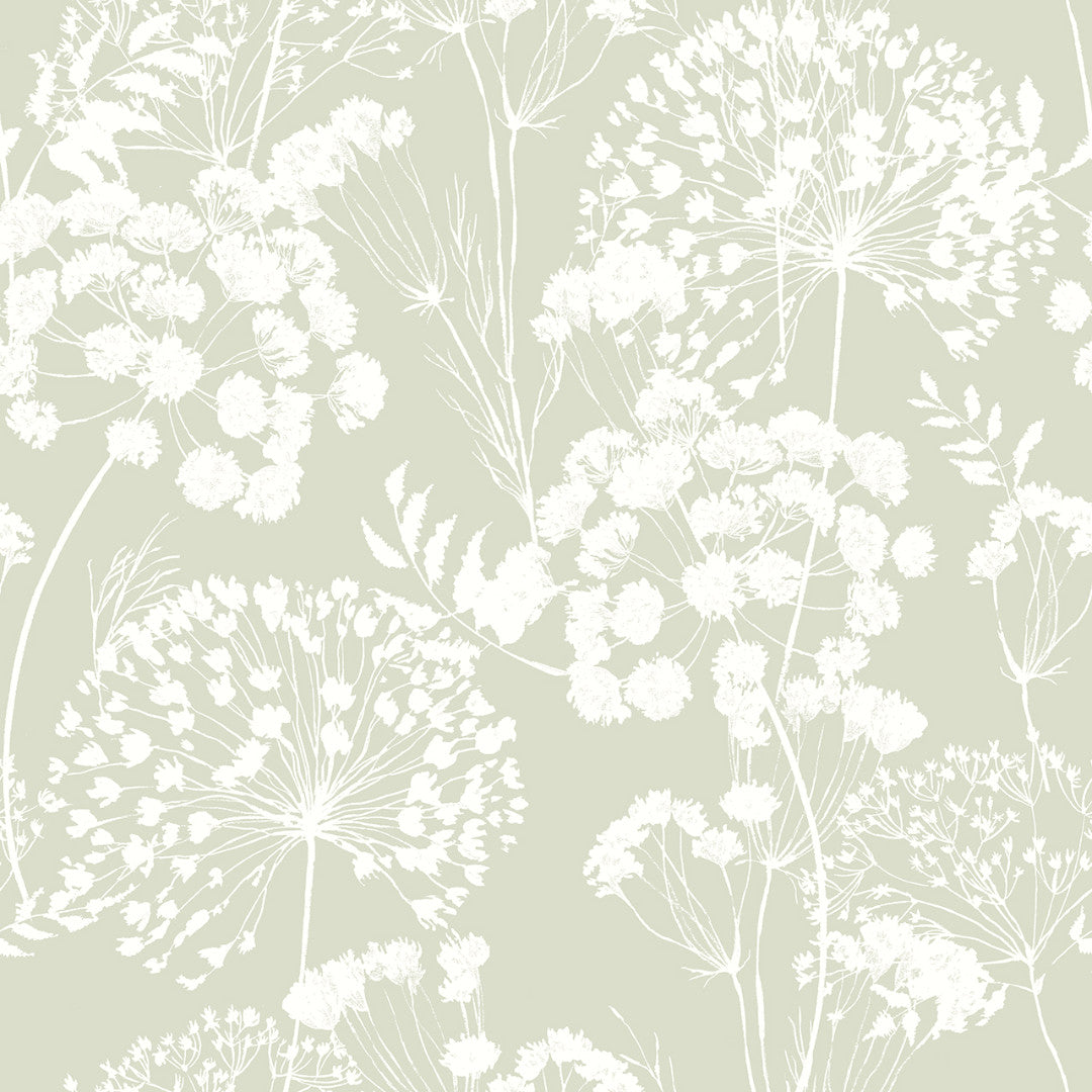 Ceres – Textilvaxduk med blomsilhuetter i dammig grön, mönster