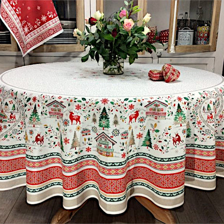 Cervin Röd Grön - Stor rund akrylbelagd fransk julduk Ø 230, miljö
