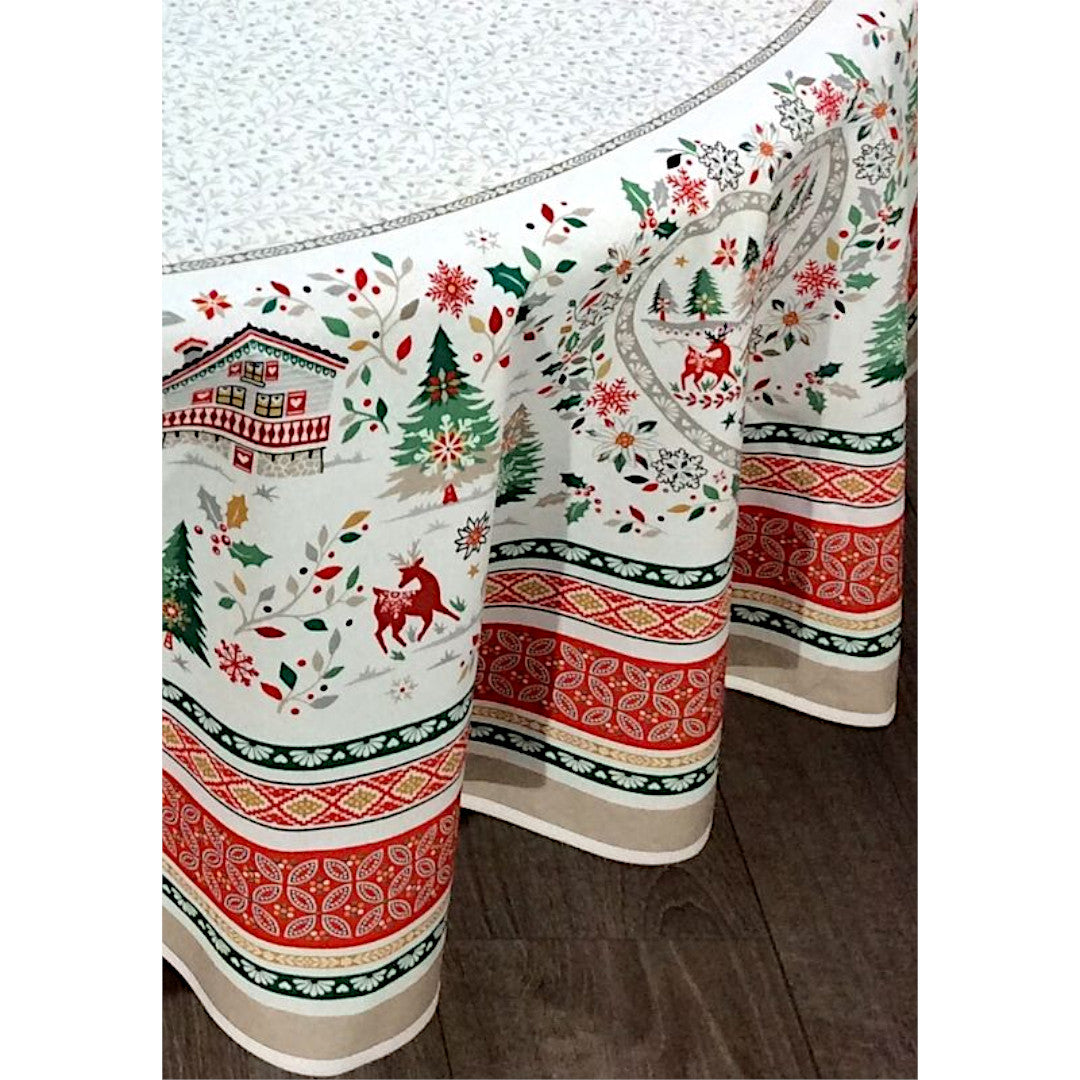 Cervin Röd Grön - Stor rund akrylbelagd fransk julduk Ø 230