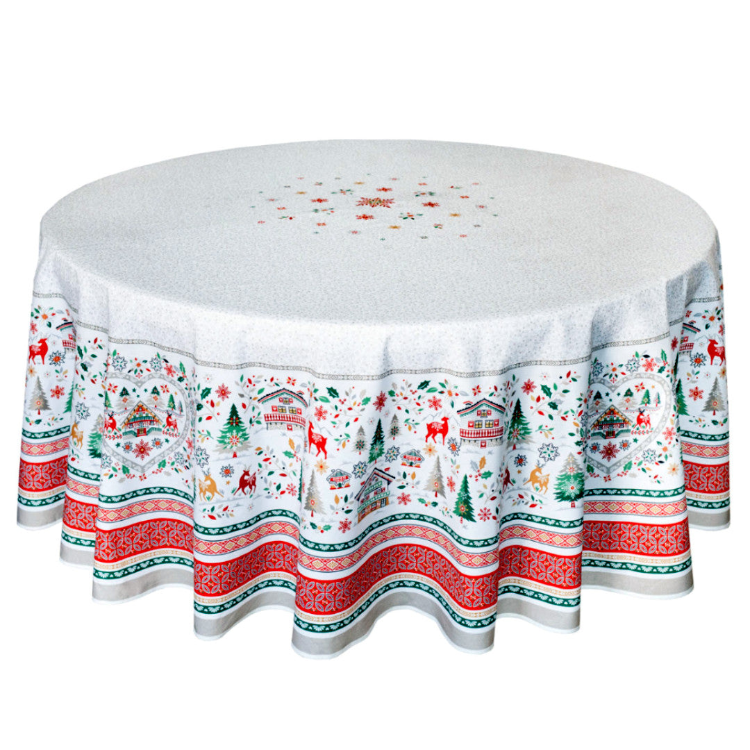 Cervin Röd Grön - Stor rund akrylbelagd fransk julduk Ø 230