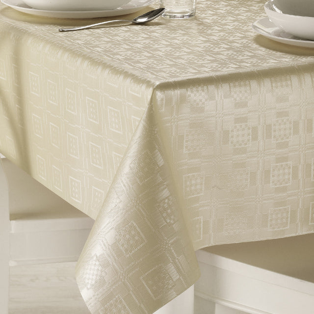 Champagne Damast - Elegant vaxduk med klassiskt damastmönster i champagne, hörn