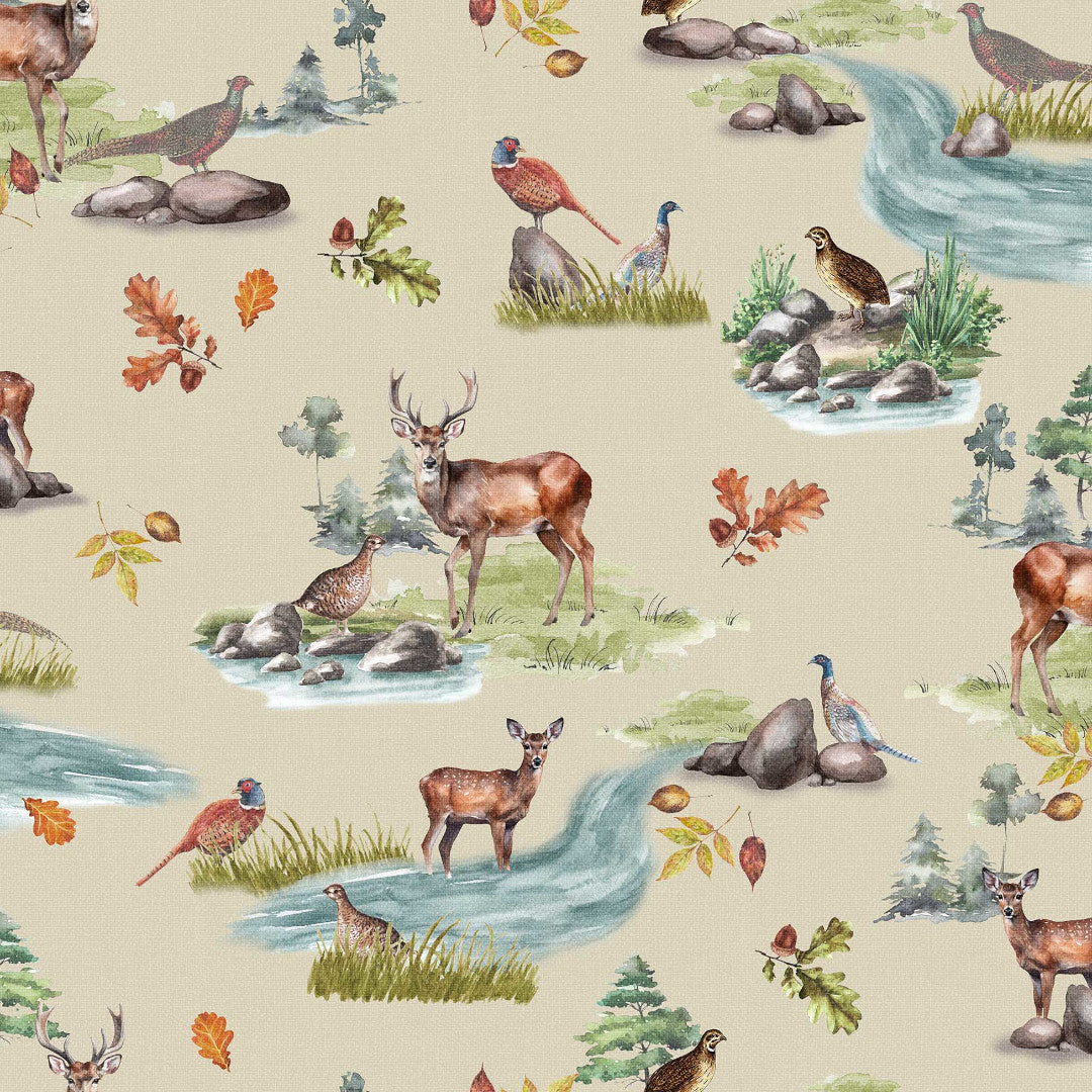 Chasse – Vaxduk med rådjur, fåglar och höst i skogen, mönster