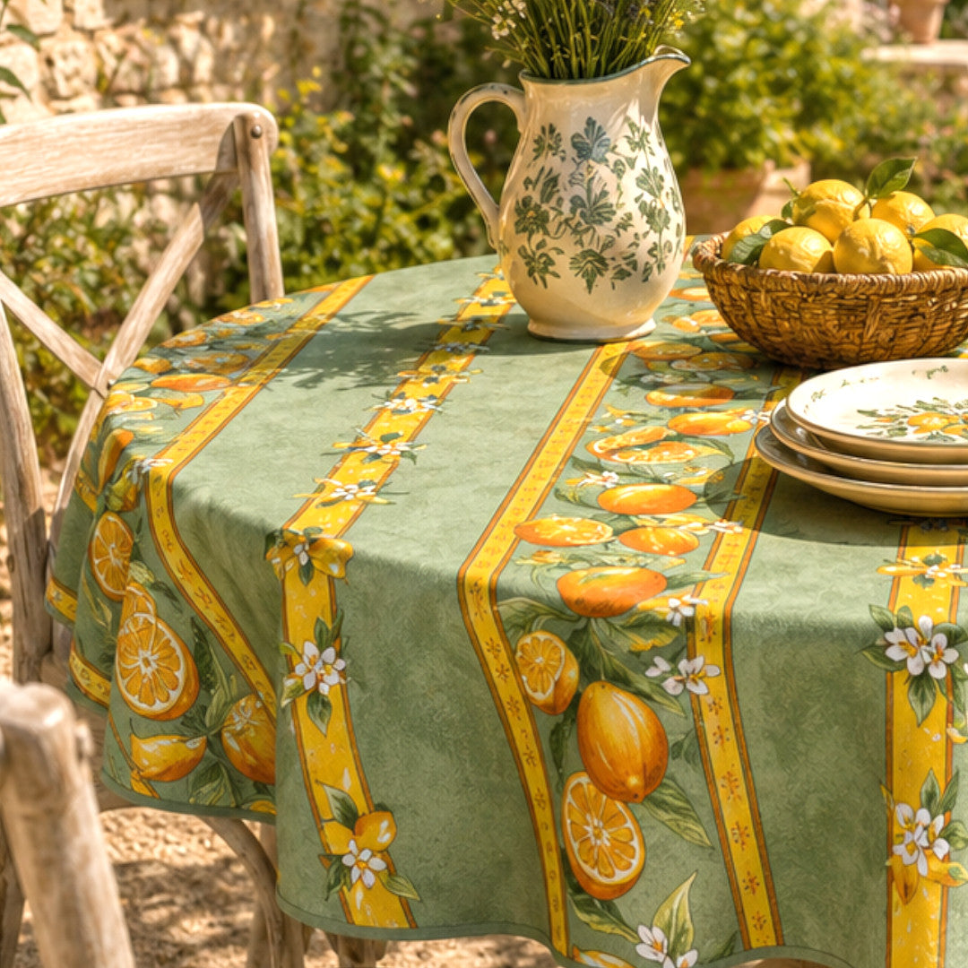 Citron Grön - Rund akrylbelagd Provence-duk Ø 150cm