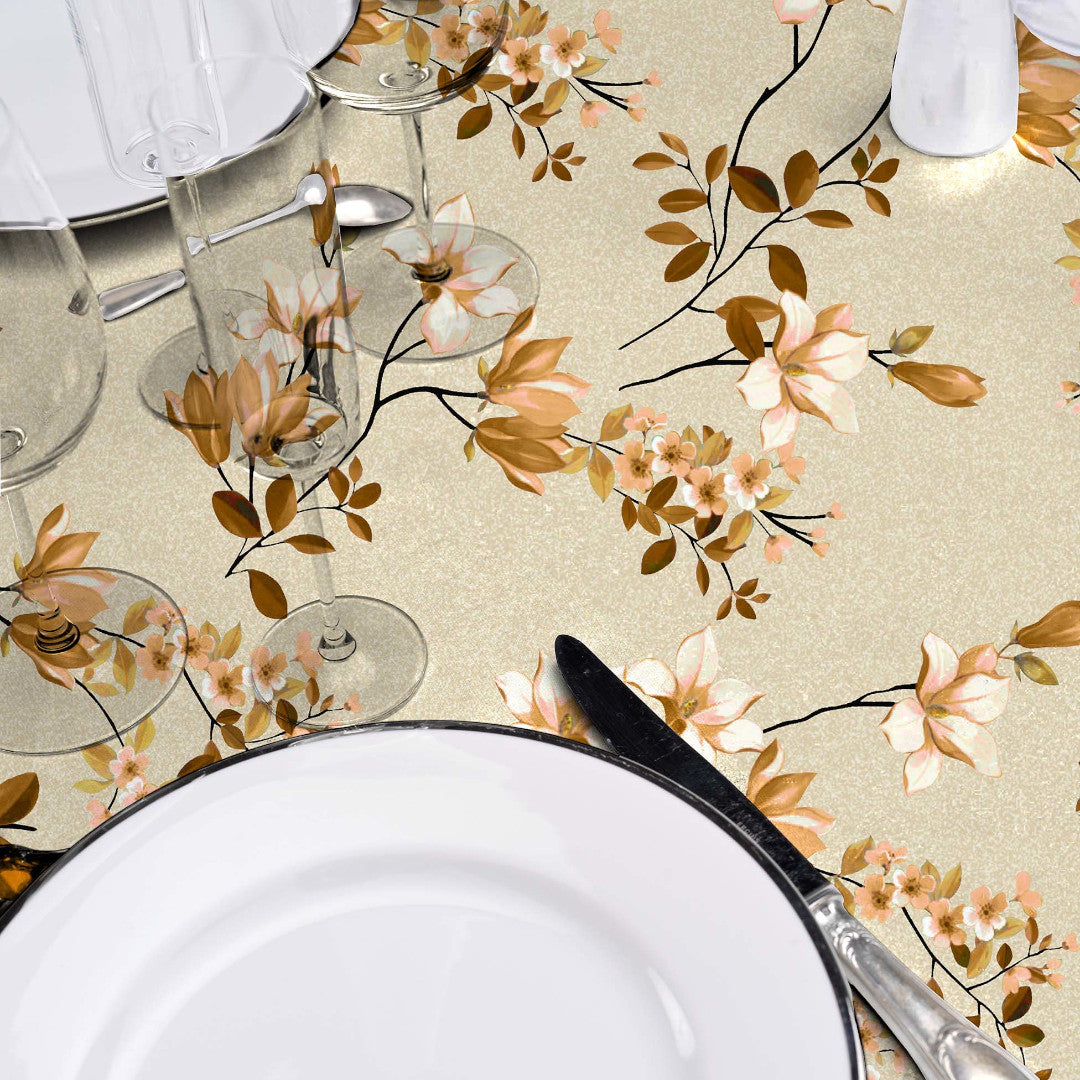 Clematite Ocre – Blommig vaxduk med melerad bakgrund, detalj