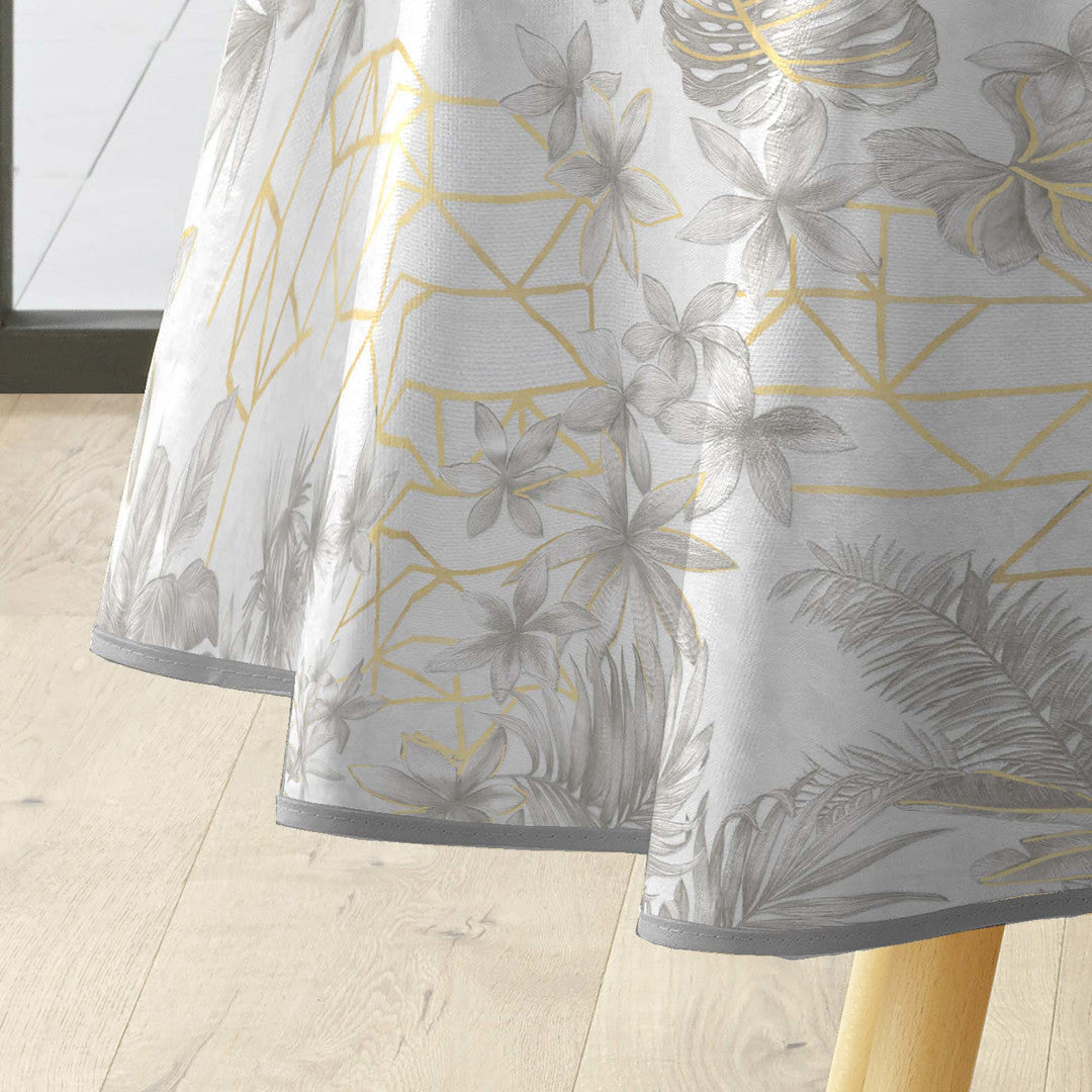 Coconut Metallic - Rund vaxduk i grått med gulddetaljer, Ø 155 cm, kantband