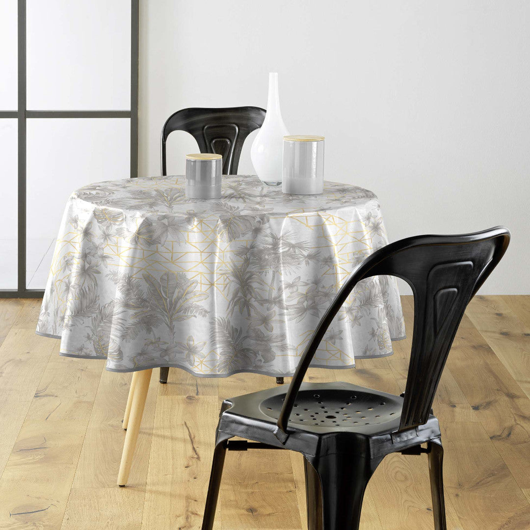 Coconut Metallic - Rund vaxduk i grått med gulddetaljer, Ø 155 cm, miljöbild