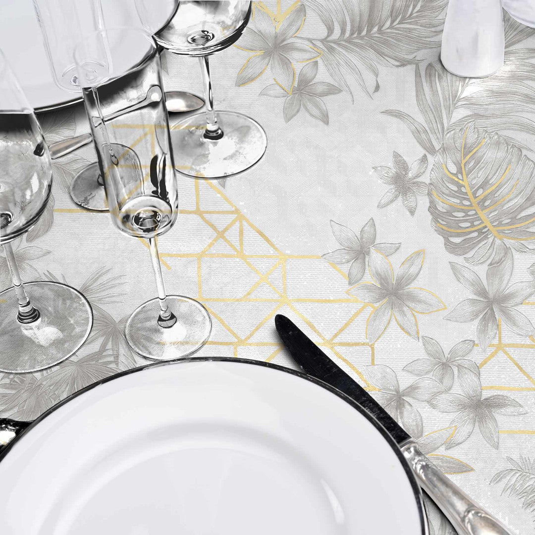 Coconut Metallic - Rund vaxduk i grått med gulddetaljer, Ø 155 cm, närbild