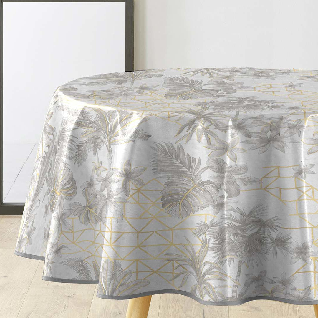 Coconut Metallic - Rund vaxduk i grått med gulddetaljer, Ø 155 cm