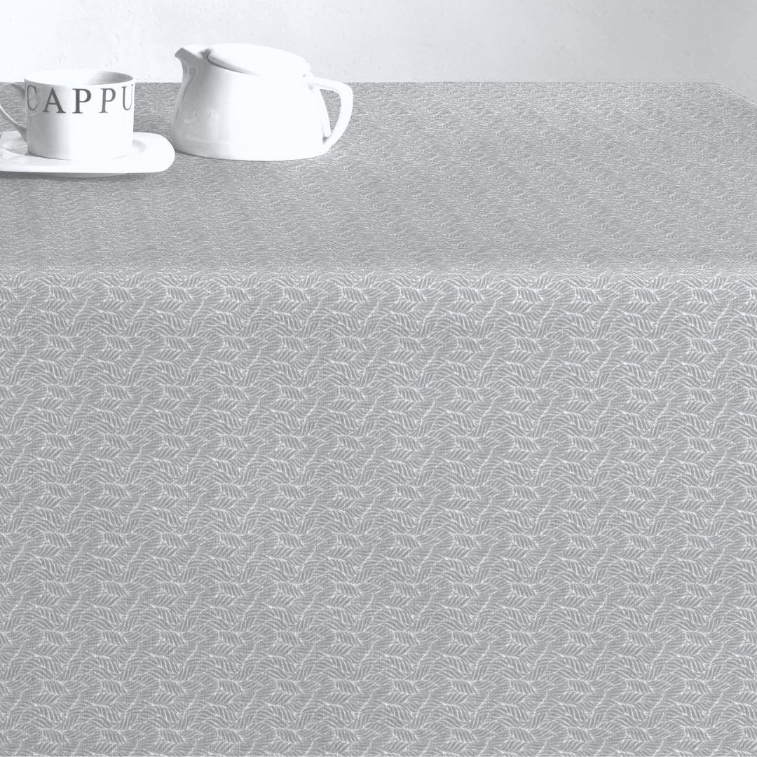 Estes Bølgeblad Ljusgrå - textilvaxduk med glidskydd, 160 cm bred, bord