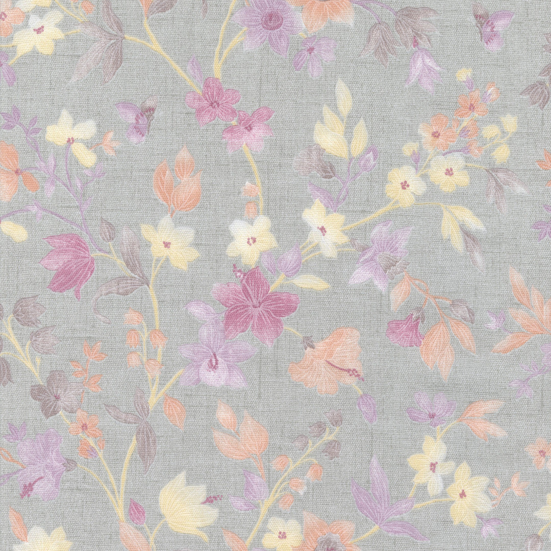 Fiorenza – textilvaxduk med pastellblommor på grå linnelook, mönster