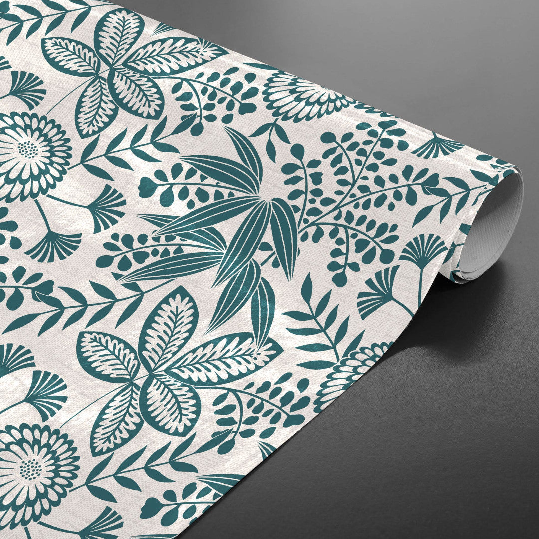Fleuria Emerald Green - Vaxduk med växtmönster i dammig blågrön, på rulle
