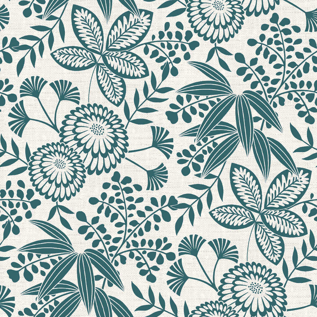 Fleuria Emerald Green - Vaxduk med växtmönster i dammig blågrön, mönster
