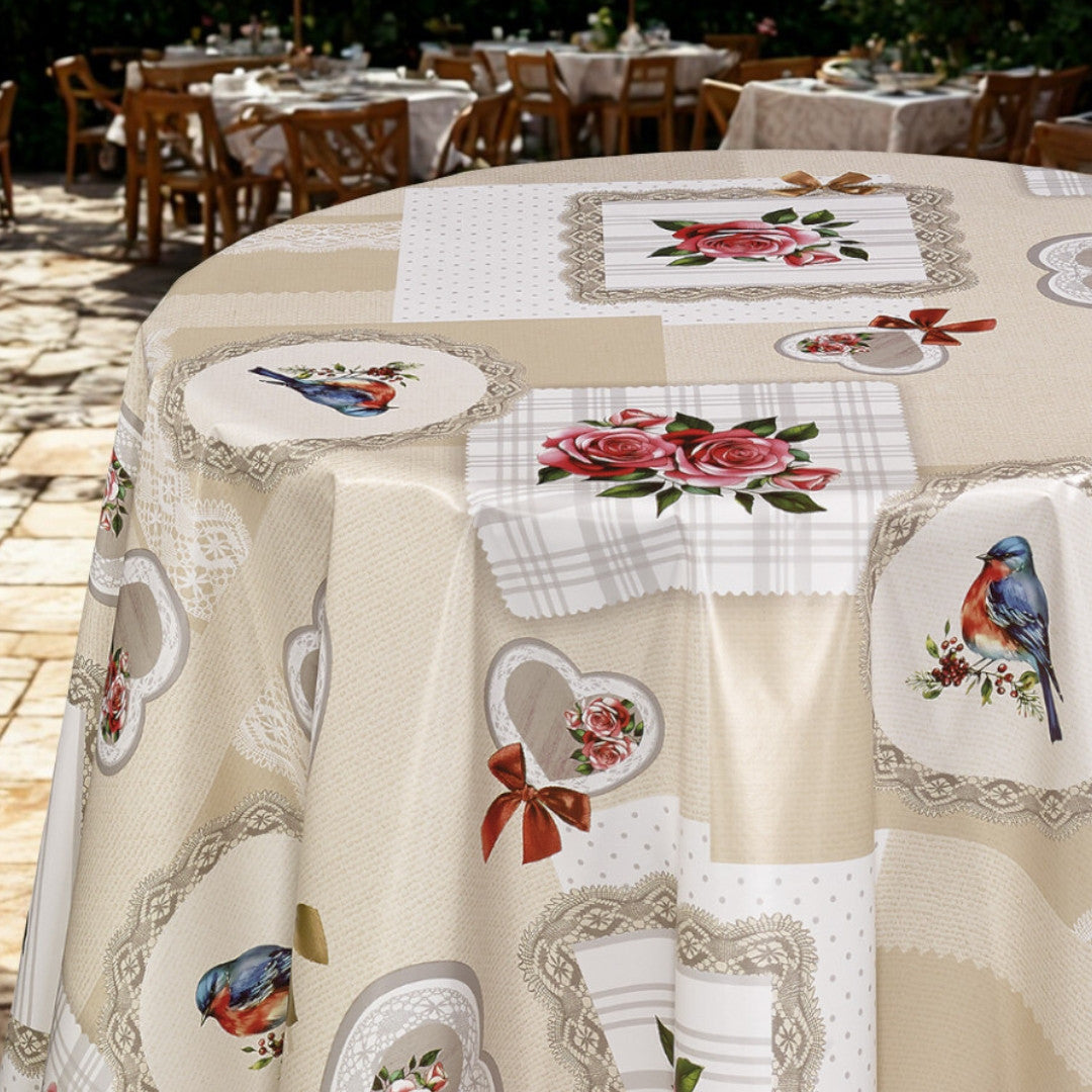 Fågelsång & Rosor – Rund Vaxduk i nostalgisk stil