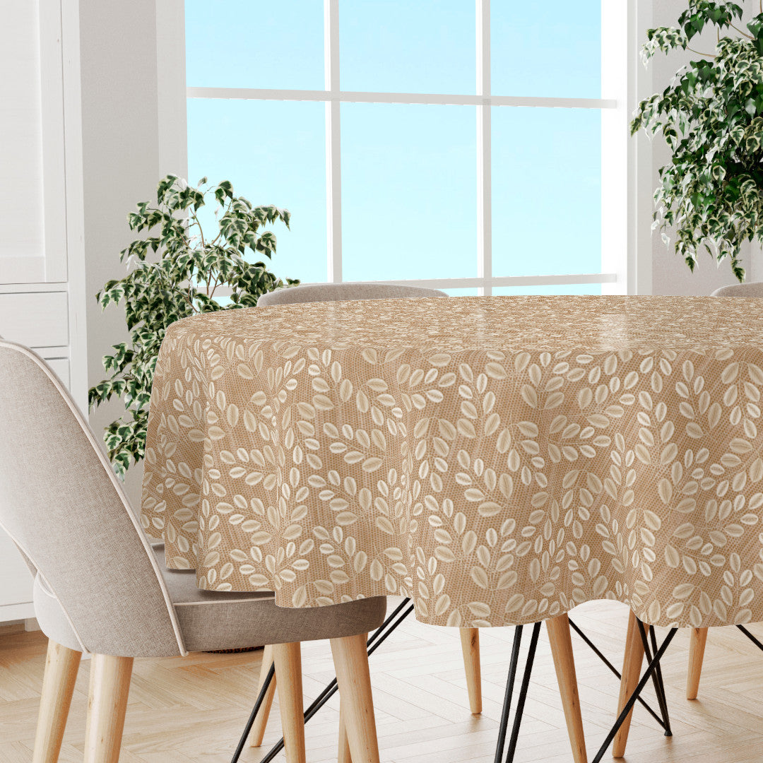 Hessian Leaf Beige – Rund lätt präglad vaxduk med bladmönster, miljö