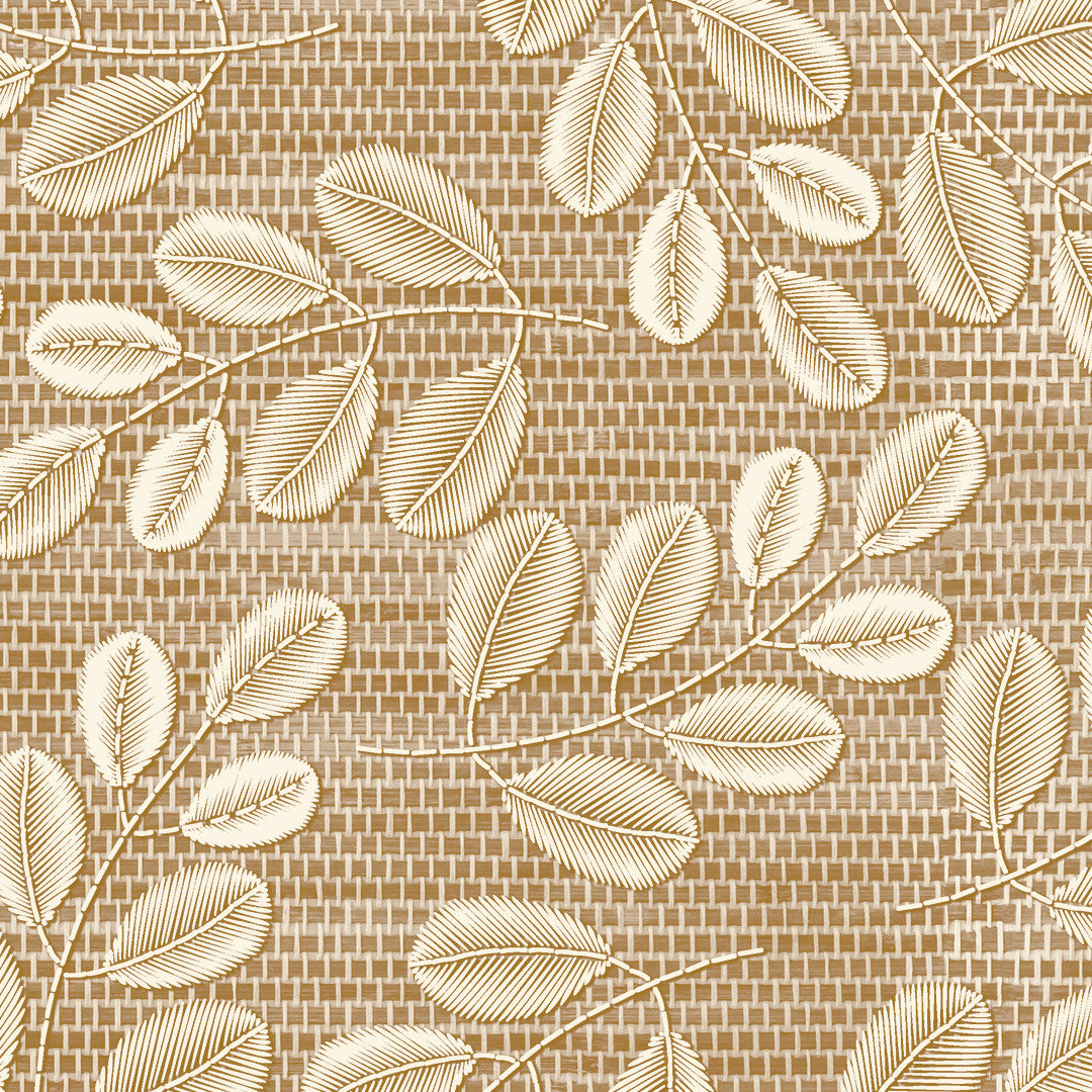 Hessian Leaf Beige – Lätt präglad vaxduk med bladmönster, närbild