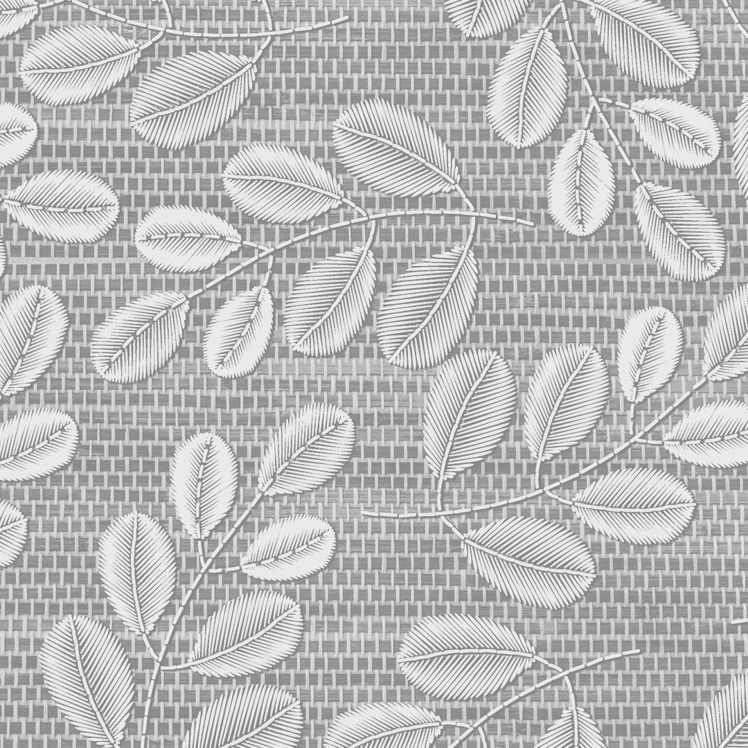 Hessian Leaf Grå – Lätt präglad vaxduk med bladmönster, närbild