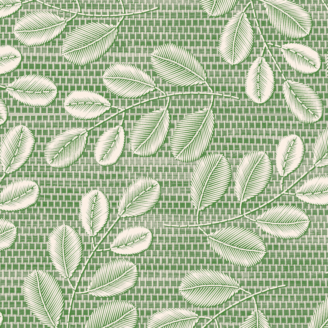 Hessian Leaf Grön – Lätt präglad vaxduk med bladmönster, närbild