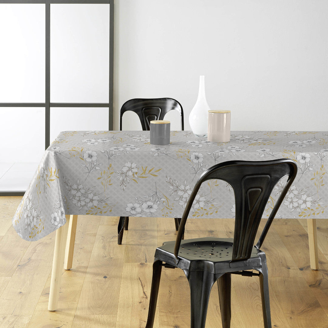 Hortense - Vaxduk med blommor i gyllene och neutrala toner, miljö