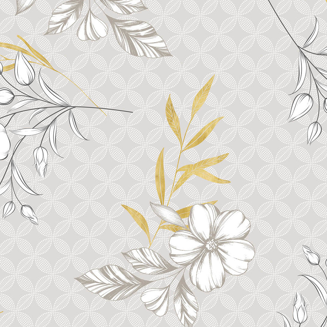 Hortense - Vaxduk med blommor i gyllene och neutrala toner, mönster