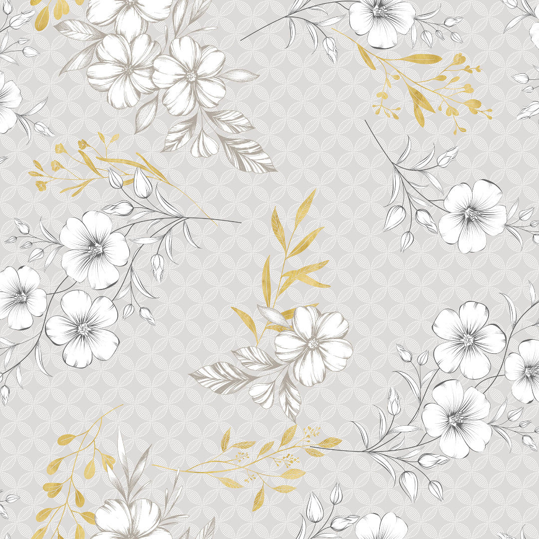 Hortense - Vaxduk med blommor i gyllene och neutrala toner