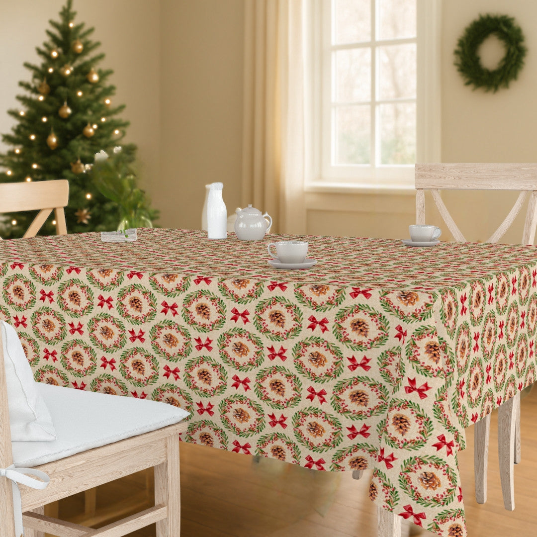 Julekrans – Jultextilvaxduk med kottar, röda band och linnelook, miljö