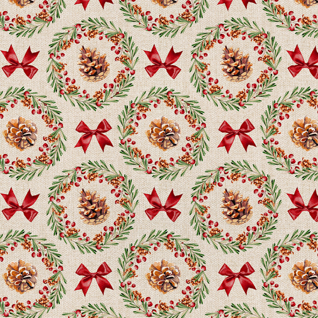 Julekrans – Jultextilvaxduk med kottar, röda band och linnelook, motiv