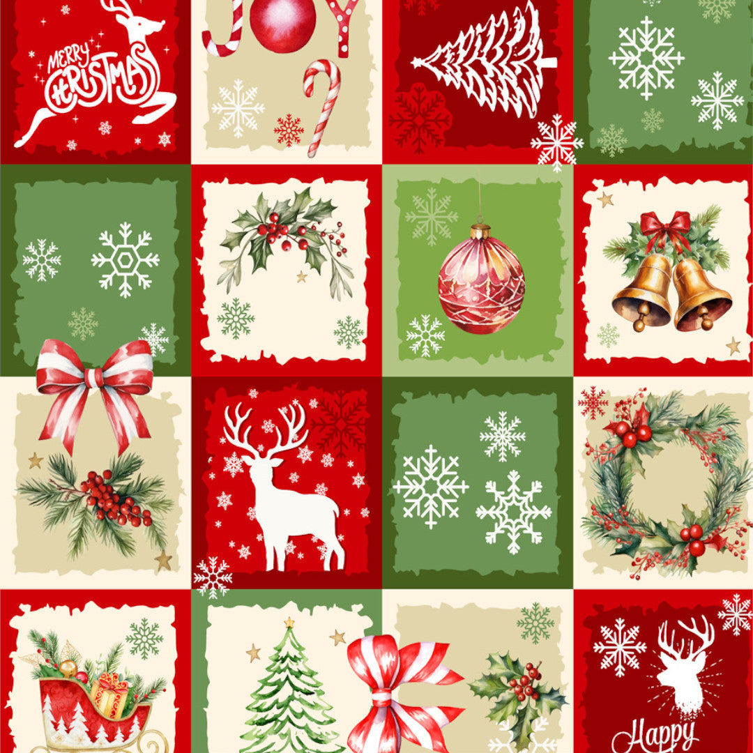 Julvaxduk – Rött och grönt patchwork med klassiska motiv, mönster