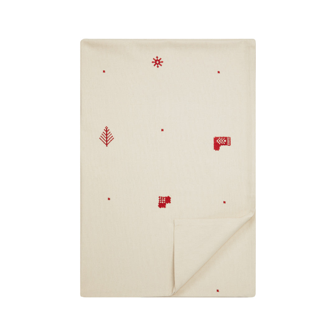 Julia Rød - Broderad julduk, 100 % bomull - 140 x 220 cm, vikt