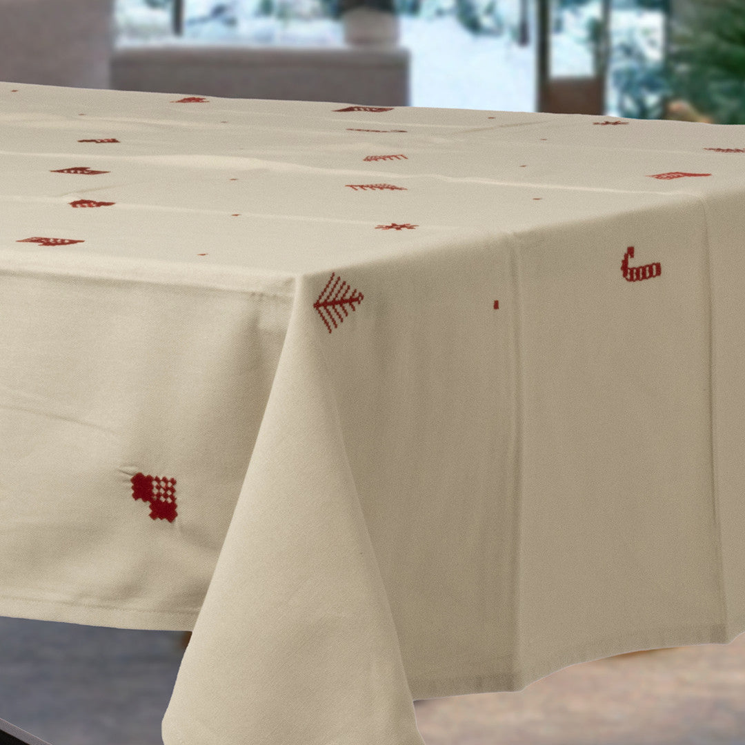 Julia Röd - Broderad julduk, 100 % bomull - 140 x 220 cm, hörn