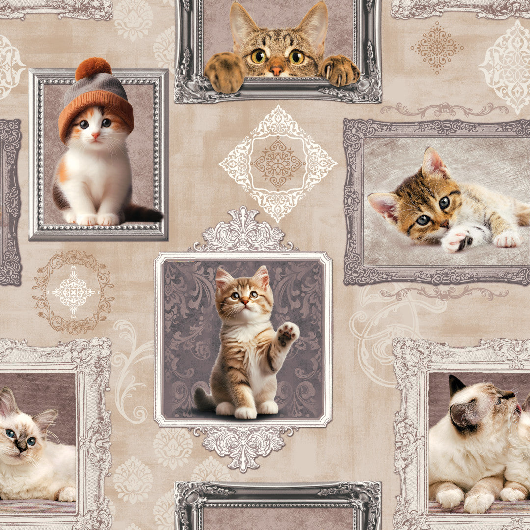 Kattungalleri – beige vaxduk med kattungar i ramar mönster