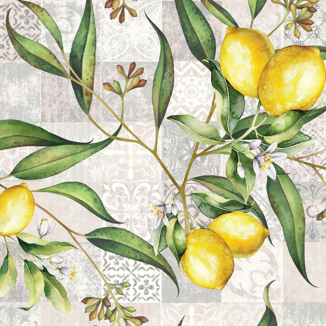 Limonero – Textilvaxduk med citroner och patchworkmönster, närbild