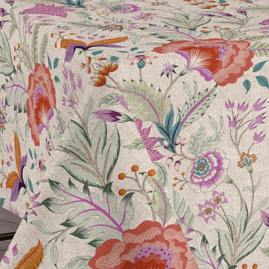 Lino Fiora – Textilvaxduk med blommor i elegant linnelook, hörn