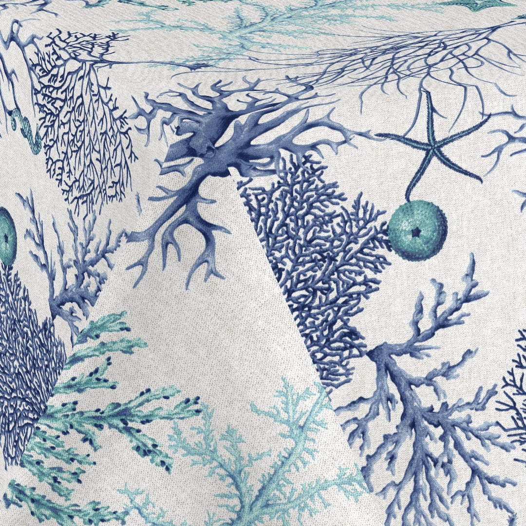 Lino Mare – Textilvaxduk med maritimt korallmotiv i linnelook, 160 cm, hörn