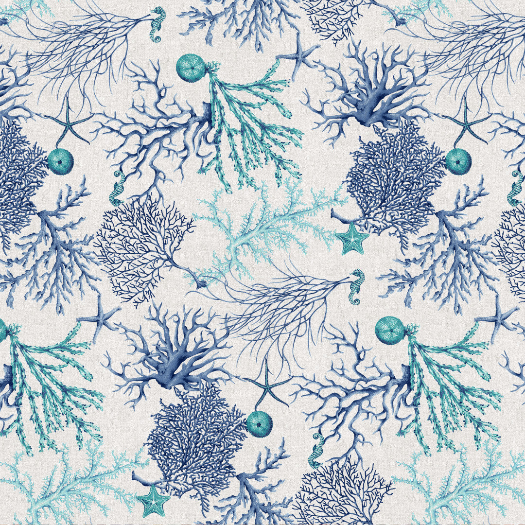 Lino Mare – Textilvaxduk med maritimt korallmotiv i linnelook, 160 cm, mönster