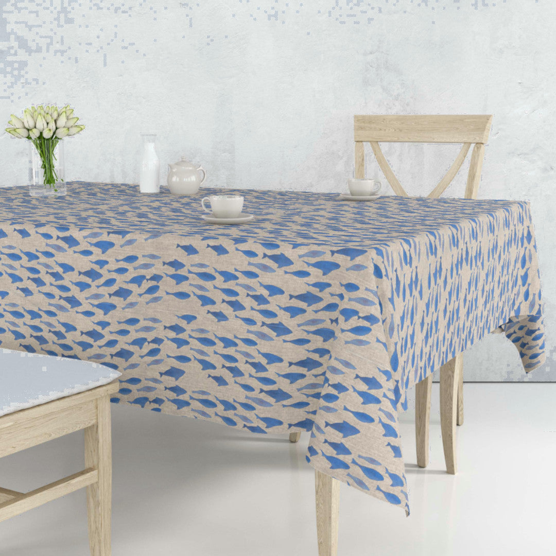Marino Blåfisk – textilvaxduk i linnelook med maritimt mönster, miljö