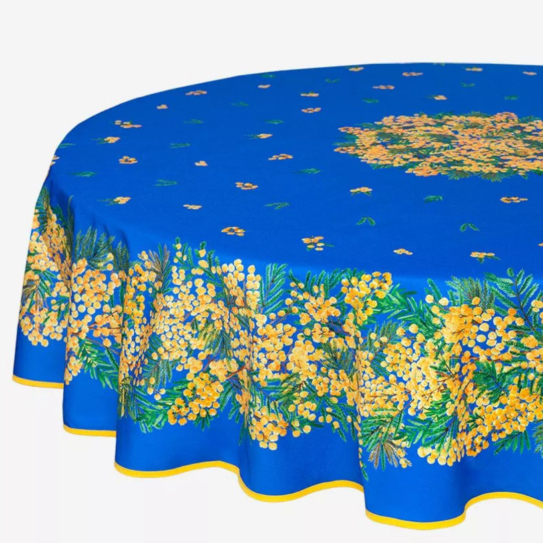 Mimosa Blå - Rund akrylbelagd provenceduk Ø 180 cm, närbild