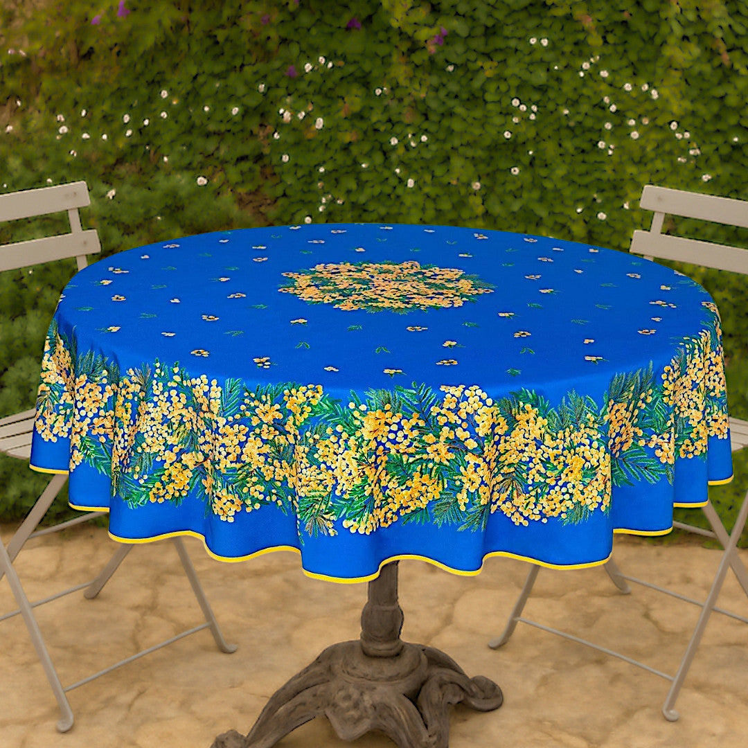 Mimosa Blå - Rund akrylbelagd provenceduk Ø 180 cm