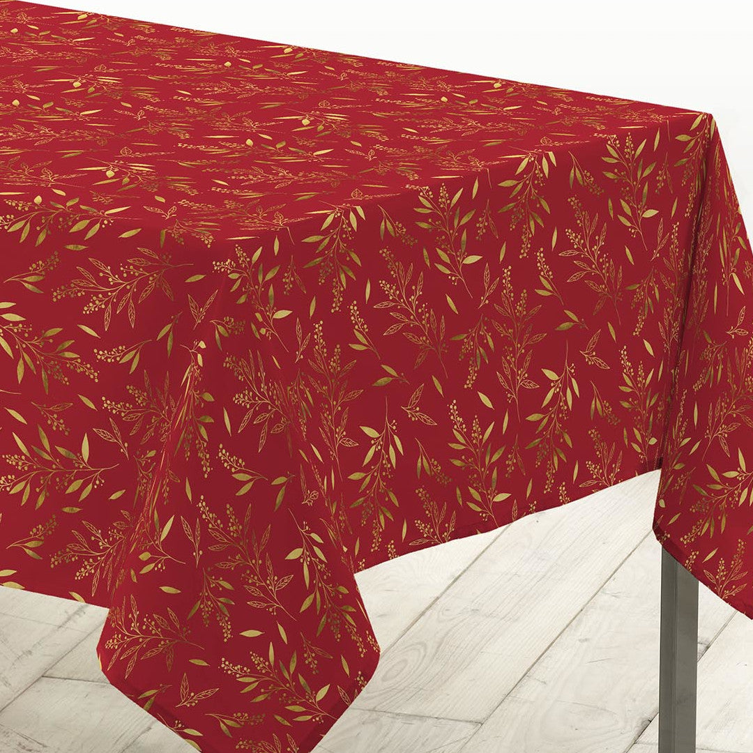Naelle Röd/Guld - Julduk med gyllene blad, 140 x 240 cm, hörn