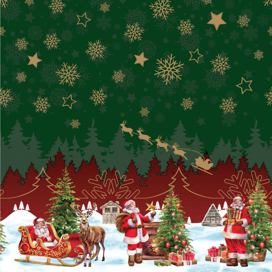 Nisseby – Grön julvaxduk med tomten och vinterlandskap, mönster