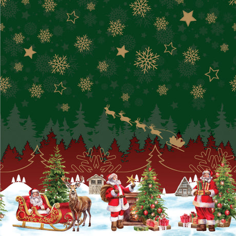 Nisseby – Grön julvaxduk med tomten och vinterlandskap, mönster