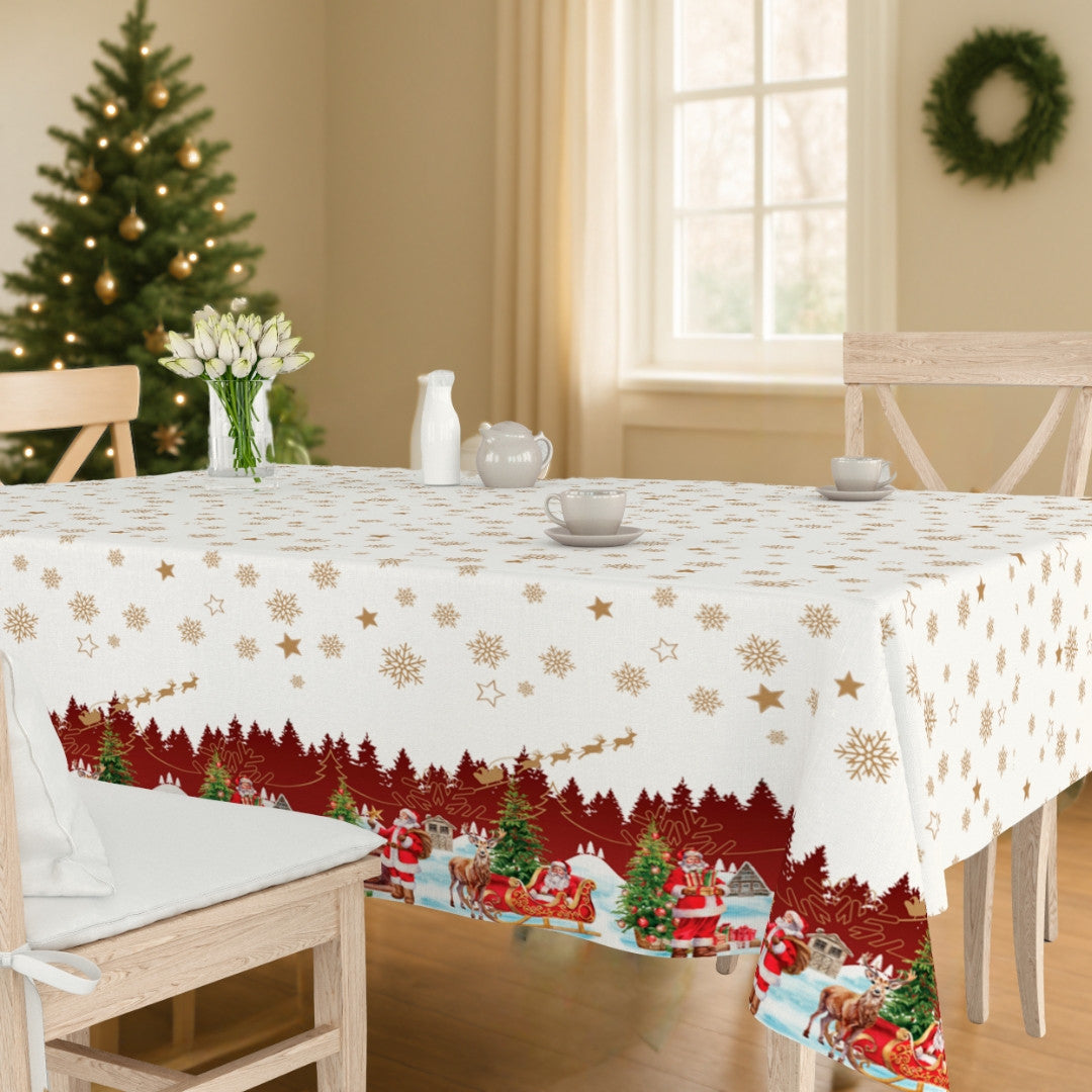 Nisseby – Vit julvaxduk med tomten och vinterlandskap